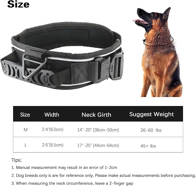 Tactical Dog Collar with Handle for Large Dogs, 2.5"Wide Thick Heavy Duty Metal Buckle Dog Collar with Soft Neoprene Padded Lining, Military Service Reflective Collar for Training(Black,L,XL)