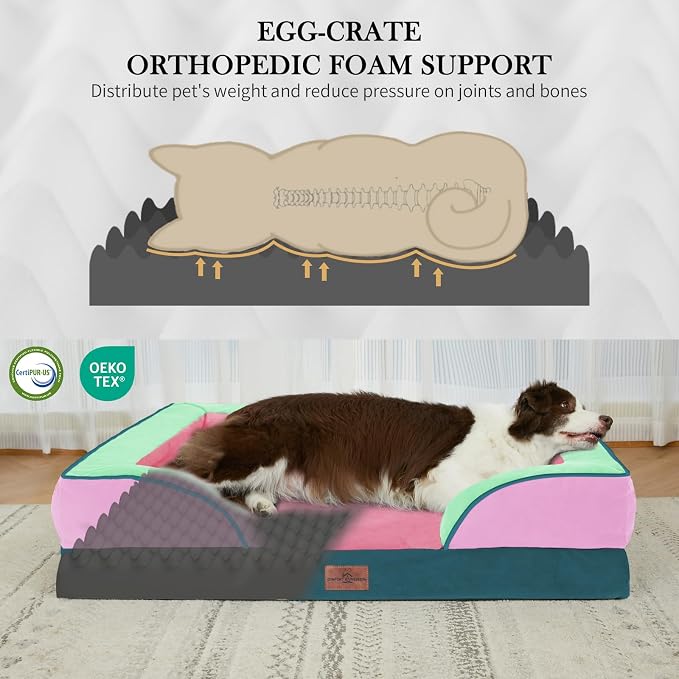 Comfort Expression Orthopedic Dog Bed for Extra Large Dogs 45x35 Inch, Waterproof Egg Crate Foam XL Pet Bed with Bolsters, Dog Couch with Washable Cover & Non-Slip Bottom, Mint-Berry Dream