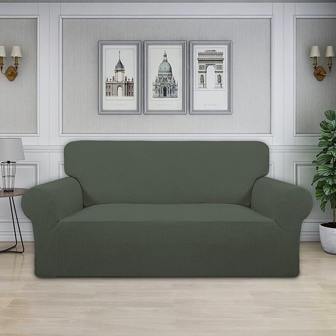 Easy-Going Stretch Oversized Loveseat Slipcover 1-Piece Sofa Cover Furniture Protector Couch Soft with Elastic Bottom for Kids Polyester Spandex Jacquard Fabric Small Checks Olive Green