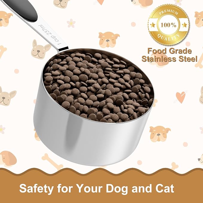 LEIFENY 1 Cup Dog Food Scoop, Stainless Steel Scooper for Feeding Pet, Cat, Dog, Rabbit, Bird, Long Handle, Dishwasher Safe