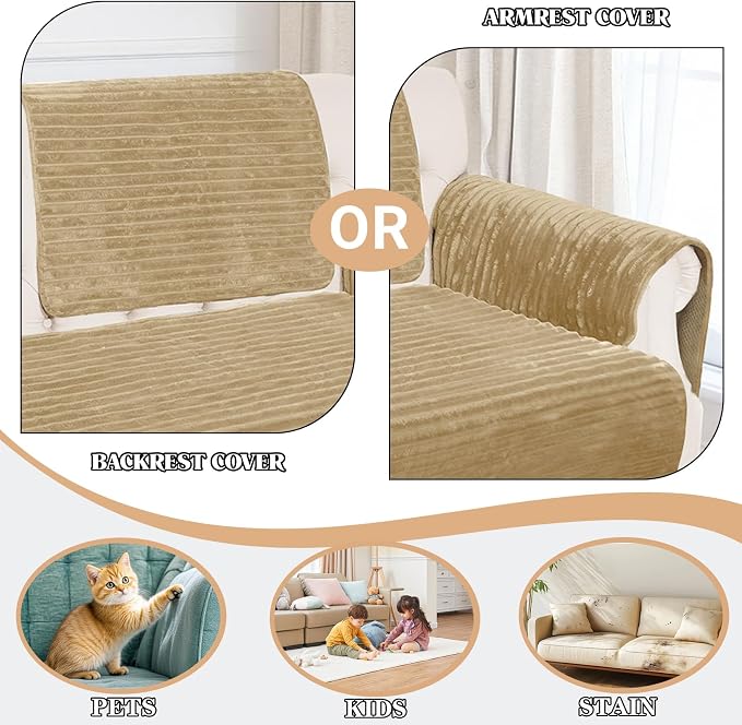NAISI Couch Covers for Dogs Waterproof Flannel Striped Sofa Cover Pet Friendly Washable Dog Mat for Couch Anti Slip Sectional Sofa Slipcover Protector(1pc/27"x 27",Camel)