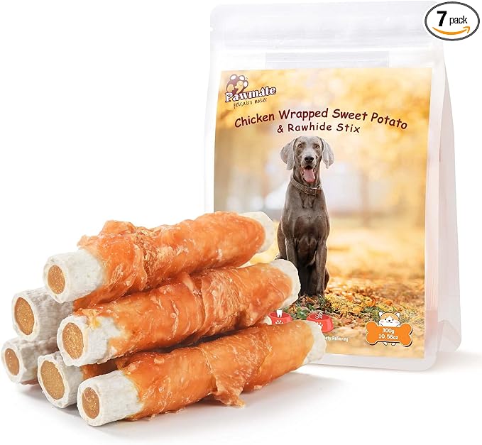 Pawmate Dog Treats Large Breed, Chicken Wrapped Rawhide Sticks with Sweet Potato Sandwich, Rawhide Dog Chews Training Rewards Snacks for Small Medium Large Dogs, 6-7 Counts, 10.6 oz