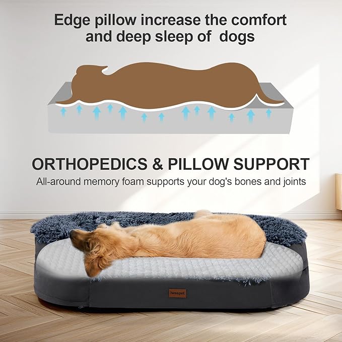 iweepet Fluffy Orthopedic Dog Beds for Large & Extra Large Dogs, 44" Calming Dog Sofa Bed with28D Egg-Crate Foam, Removable Washable Cover, Waterproof Lining, for Puppy,Senior,Sick