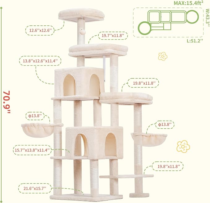 Hey-brother Cat Tree Tower, Scratching Posts with a Extended Part, Wide Platforms, Cozy Condos, Hammocks, Sisal Columns and Ball for Indoor Cats, 70.1 Inches, Beige MPJ038M