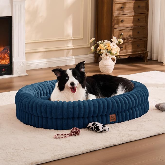ChiXnuggle Orthopedic Dog Bed for XL Dogs, Waterproof Faux Rabbit Fur Dog Couch with Egg Crate Foam Support and Washable Removable Cover, Bolster Pet Sofa with Non-Slip Bottom, 41x30x7, Navy