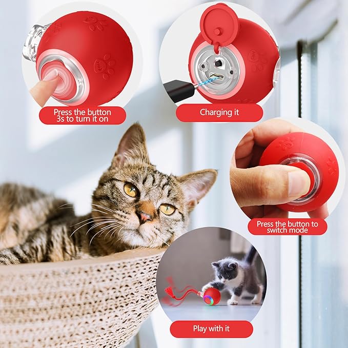 2-in-1 Automatic Moving Ball Cat Toy with Teaser Wand - Interactive Self-Moving Toy with Bird Sounds & LED Lights, Rechargeable Motorized Play for Indoor Cats to Chase, Exercise(Blue)
