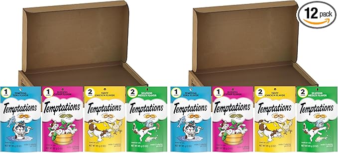 Temptations Cat Treats Classic Crunchy and Soft Feline Favorites Variety Pack,3 oz. Pouches,(Pack of 12)