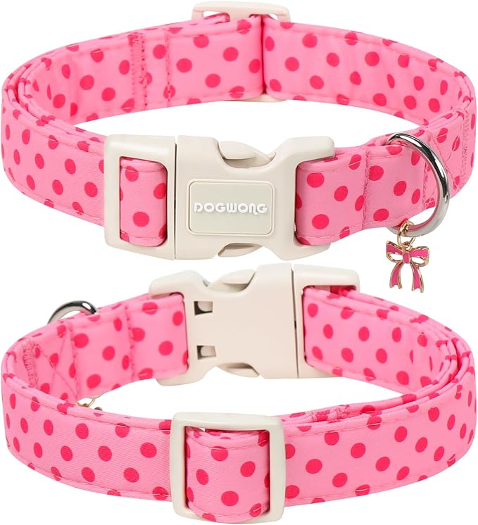 DOGWONG Pink Polka Dots Dog Collar for Small Dogs, Summer Spring Beach Hawaiian Dog Collars, Pink Girl Dogs Collars for X-Small Puppies Dogs, Neck 8-12 inches
