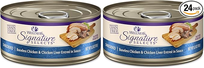 Wellness CORE Signature Selects Shredded Adult Wet Cat Food,Natural,Protein-Rich,Grain Free,5.3 Ounce (Chicken & Chicken Liver),(Pack of 24)