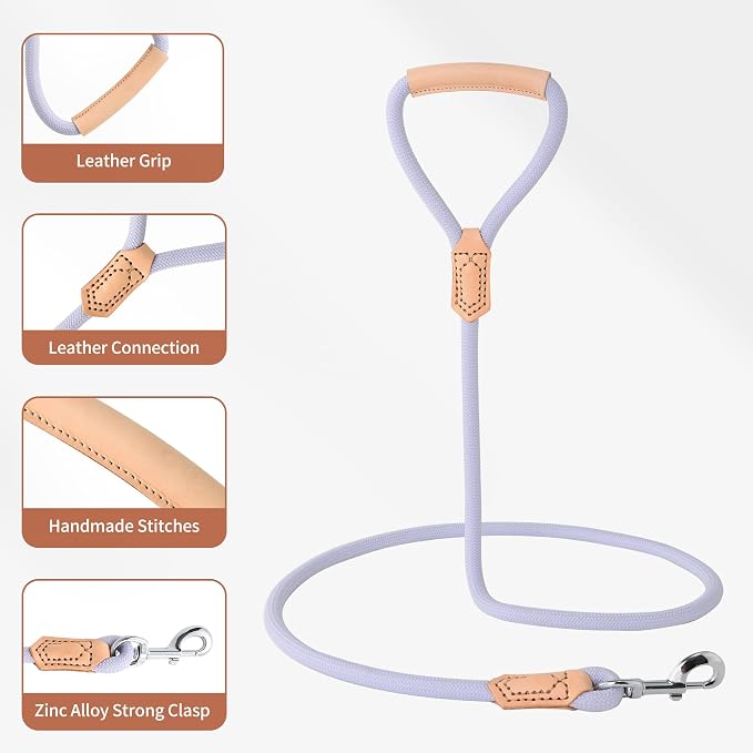 Mile High Life Leather Dog Leash, Heavy Duty Strong Genuine Leather Handle Rope Leash Soft and Comfortable for Small Medium Large Dogs (Purple, 60 Inch)