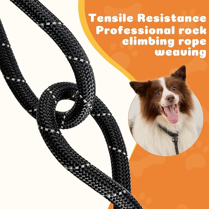 Reflective Slip Leads for Dogs,6FT x 1/2" Dog Leash Heavy Duty Strong Rope Lead for Large, Medium Dogs, No Pull Pet Training Leash(Black, Large(1/2in-6ft))