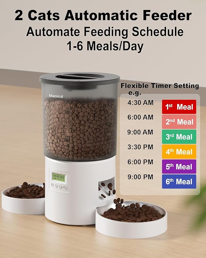 Dual Automatic Cat Feeder 2 Cats, 4.2L Dry Food Auto Dispenser with Double Stainless Steel Bowls,Dual Power Supply,Programmable Portion Control,10s Voice Recorder (Transparent White)