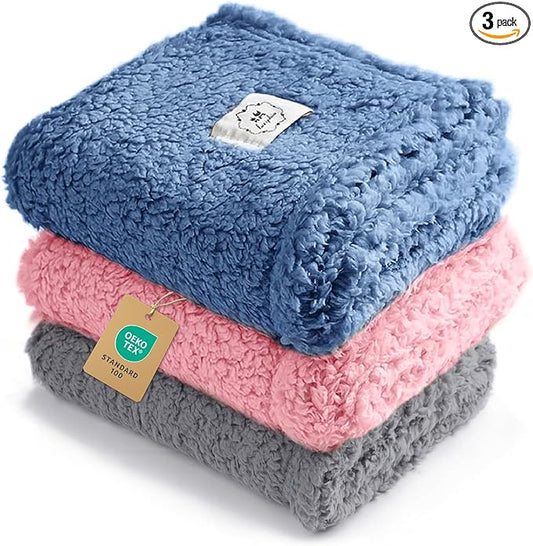 1 Pack 3 Calming Blankets Fluffy Premium Fleece Pet Blanket Soft Sherpa Throw for Dog Puppy Cat HazeBlue/Pink/Grey Medium (30" x20")