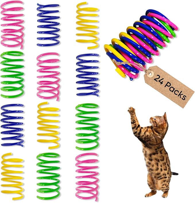 Cat Spring Toys, 24 Pack Cat Spiral Springs for Indoor Cats, Colorful & Durable Plastic Spring Coils Attract to Swat, Bite, Hunt, Interactive Toys for Kittens