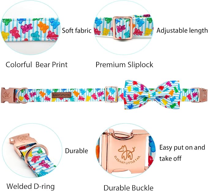 Elegant little tail Dog Collar, Summer Dog Collar with Bow tie, Blue Bear Print Dog Collars Pet Collar Boy Girl Cute Bowtie Collar Dog for Large Dogs