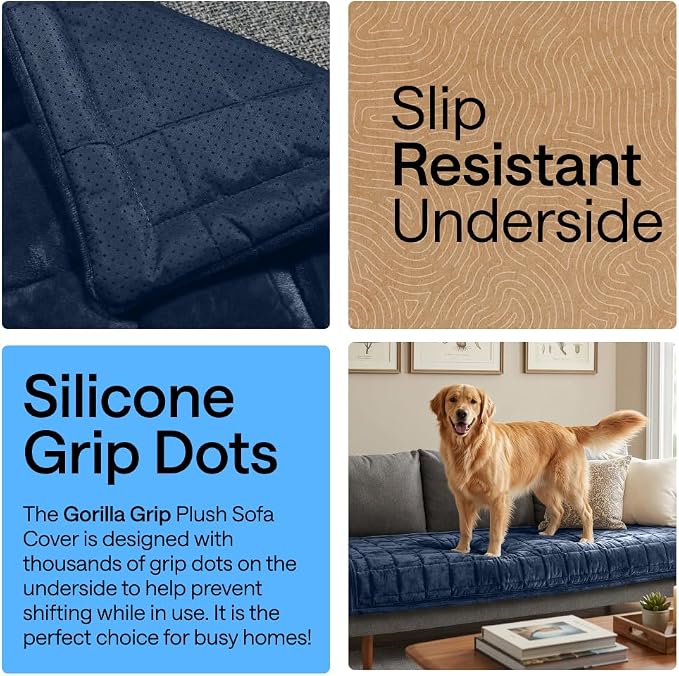 GORILLA GRIP Slip and Leak Resistant Plush Quilted Sofa Cushion Cover Blanket, Soft Couch Covers for Sofa Dogs, Machine Washable Furniture Protector Pet Friendly Couches, Navy, 70x28 Inches