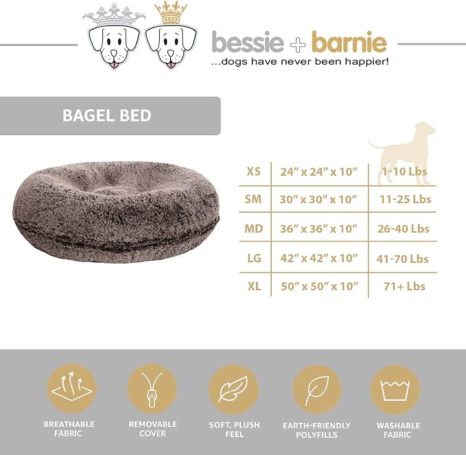 Bessie + Barnie Bagel Bed for Dogs and Cats – Round Pet Bed with 360-Degree Zipper, Waterproof Liner, Machine Washable Cover, Eco-Friendly Polyfill – Plush Donut Puppy Bed for Dogs