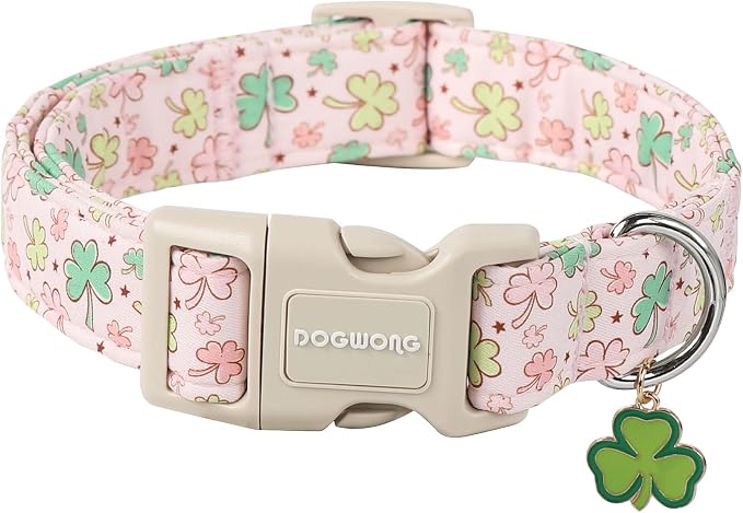DOGWONG Green Dog Collar- Spring Female Dog Collars Adjustable St. Patrick's Day Puppy Pink Clover Dog Collar for Small Medium Large Dogs M
