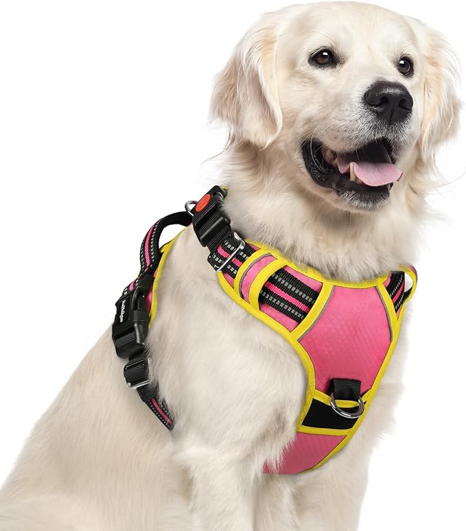 rabbitgoo Dog Harness for Large Dogs, 3 Buckles Easy On & Off No Pull Pet Vest, Soft Padded Walking Pet Harness with Control Handle, Adjustable and Reflective, Pink & Yellow, XL