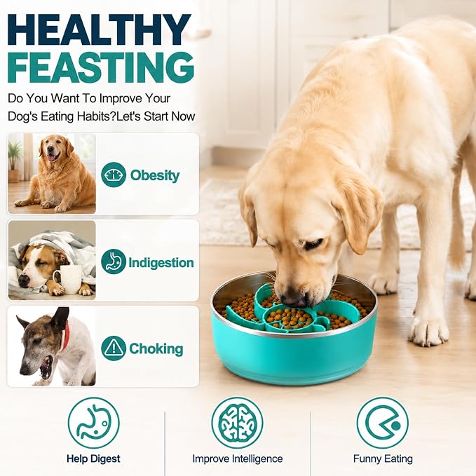 Slow Feeder Dog Bowls with Non-Slip Base for Large Dogs - Food Grade Stainless Steel Slow Feed Dog Bowl - Anti Gulp Metal Feeding Bowl Set with Lick Mat - Dishwasher Safe