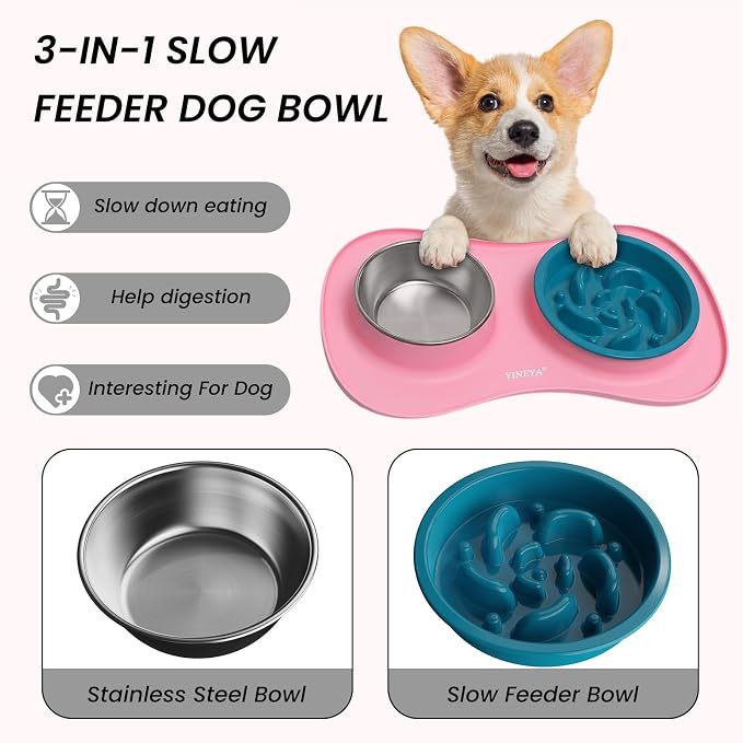 YINEYA 3 in 1 Slow Feeder Dog Bowls & Stainless Steel Food and Water Bowl with Non-Spill Dog Bowl Mat, Anti-Choking Puppy Bowls, Floor Safe & Easy Clean for Large Medium Small Dogs Cats