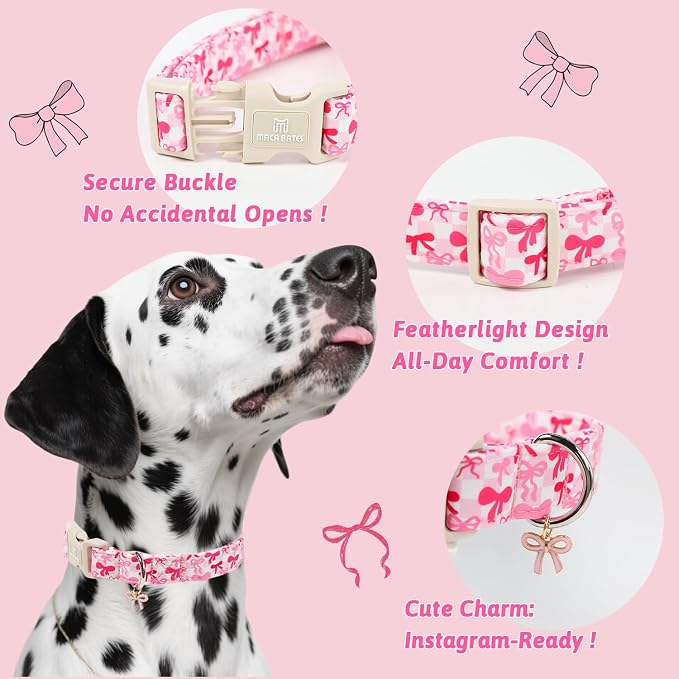 Maca Bates Pink Bow Basic Dog Collar with Cute Sailor Bowtie Charm for Small Girl Dogs, Girly Bows Gingham Pattern,Feminine Style Adjustable Durable Soft Collars Birthday Gift for Female Puppy