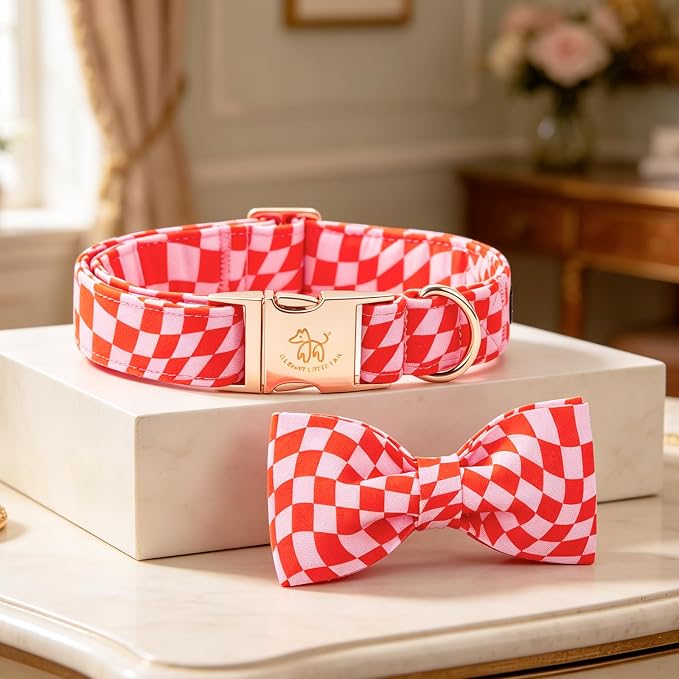Elegant Little Tail Girl Dog Collar for Small Dogs, Pink Checked Dog Collars with Bow, Pet Pink Checked Bowtie Dogs Collars for Small Medium Dogs