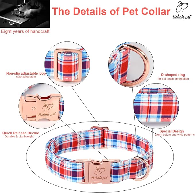 Adjustable Plaid Boy Dog Collar - Classic Boy Dog Plaid Collars for Small Dogs, Durable Red White Blue Heavy Duty Metal Buckle Pet Collar S