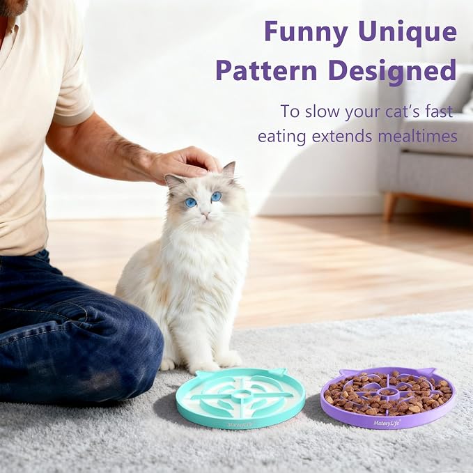 MateeyLife Slow Feeder Cat Bowl, 2 Pcs Cat Puzzle Feeder, Non-Slip Silicone Cat Dish, Prevent Overeating Cat Slow Feeder for Dry and Wet Food, Pet Bowls to Slow Down Eating, Easy to Clean
