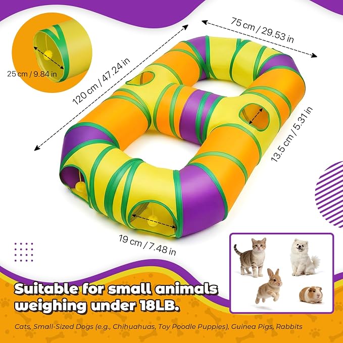 Cat Tunnel for Indoor Cats 8-Shaped, Collapsible Cat Playhouse Pet Play Tunnel Tube Maze with Hanging Pom-poms and Interactive Hole for Kitten, Kitty, Puppy, Rabbits, Ferret, Guinea Pig