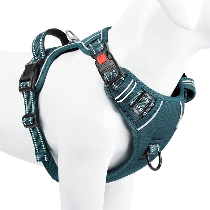 Timos Dog Harness Medium Sized, No Pull Pet Harness with Neck Lockable Snap, No Choke Front Clip Reflective Vest, Adjustable Metal Rings 3 Buckles, Easy Control Handle for Medium Dogs Blackish Green M
