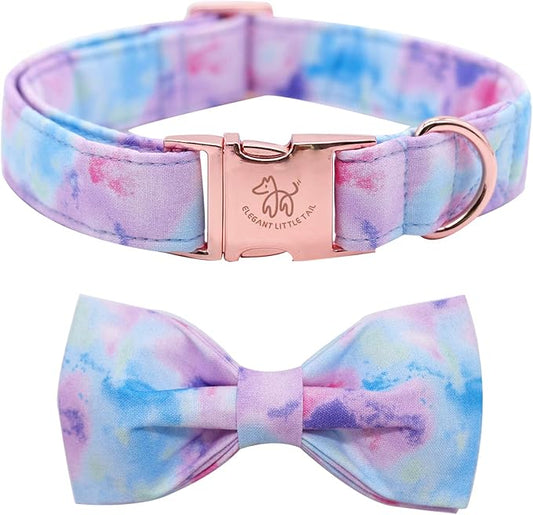 Elegant little tail Dog Collar with Bow, Colorful Pattern Soft Comfy Bowtie Dog Collar Adjustable Pet Gift Collars for Small Medium Large Dogs