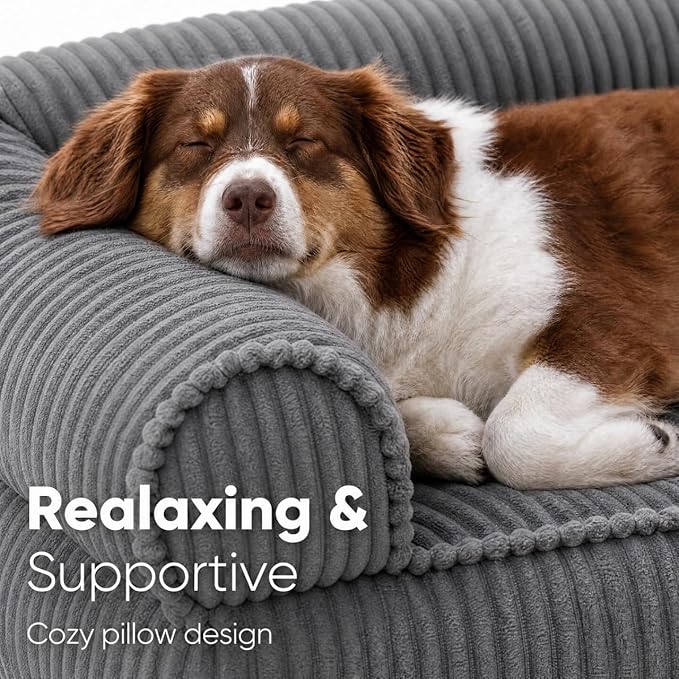 FUKUMARU Cute Dog Bed, Thickened Orthopedic Dogs Couch, 36in Egg Crate Foam Pet Sofa for Medium to Large Dogs, Waterproof Warm Corduroy Pet Bed with Washable Cover, Dark Grey