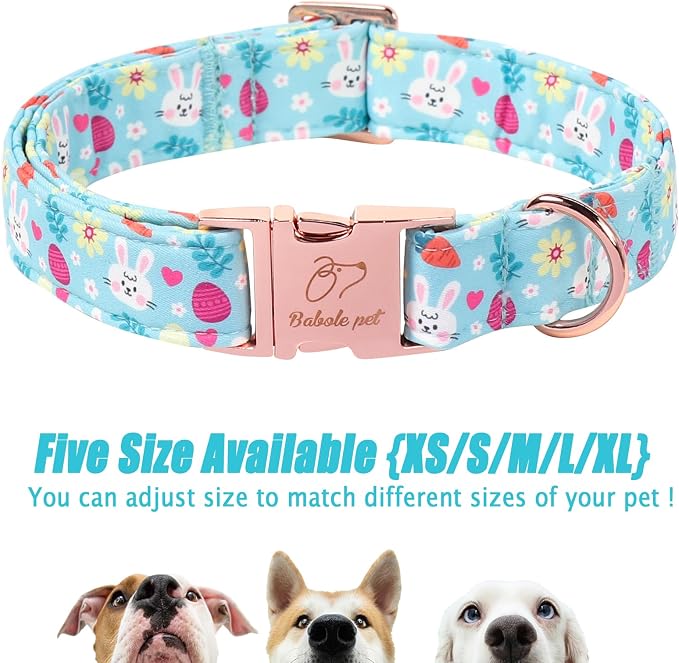 Easter Dog Collar, Cute Blue Bunny Easter Collar for Boy Girl Dogs, Adjustable Heavy Duty Spring Holiday Dog Collars for Small Medium Large Dogs with Metal Buckle XL