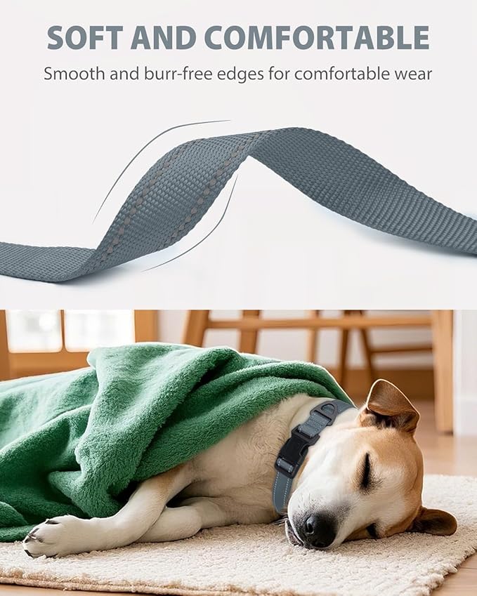 Joytale Dog Collars for Medium Dogs, Comfortable Double-Sided Reflective Nylon Collar for Night Safety, Adjustable Quick-Release for Active Pets, Gray, M (1" Width)