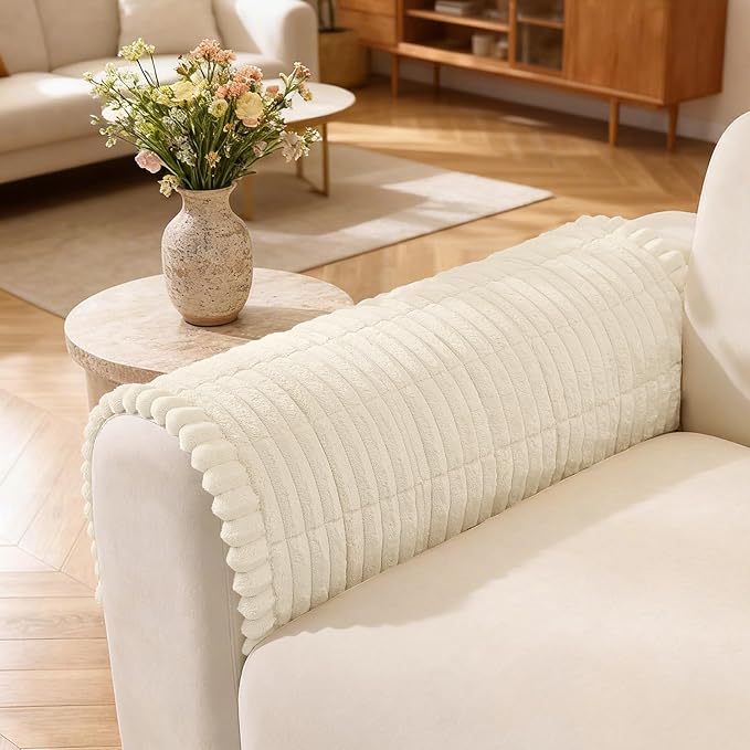 Fuzzy Couch Arm Covers for Dogs Washable, Thick Couch Covers for 3 Cushion Sofa Pet Friendly, Non Slip Plush Dog Couch Cover for for Sectional, Loveseat (Beige, 17.6" x 17.6")