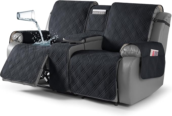 TAOCOCO Waterproof Loveseat Recliner Cover with Console, Non-Slip Reclining Loveseat with Console Cover with Pocket, Split Recliner Sofa Covers Furniture Protector for Pets Dogs(2 Seater, Black)