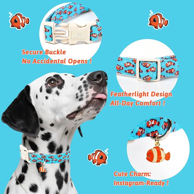 Maca Bates Summer Clownfish Basic Dog Collar Beach Puppy Collars for Medium Dogs Adjustable Durable Soft Comfortable Blue Sharks for Boy Girl Male Female Pet with White Safety Buckle