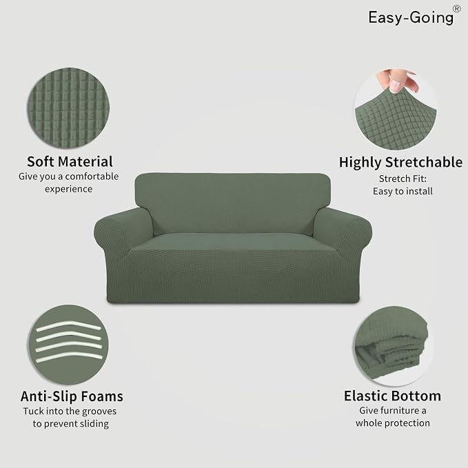 Easy-Going Stretch Oversized Loveseat Slipcover 1-Piece Sofa Cover Furniture Protector Couch Soft with Elastic Bottom for Kids Polyester Spandex Jacquard Fabric Small Checks Greyish Green