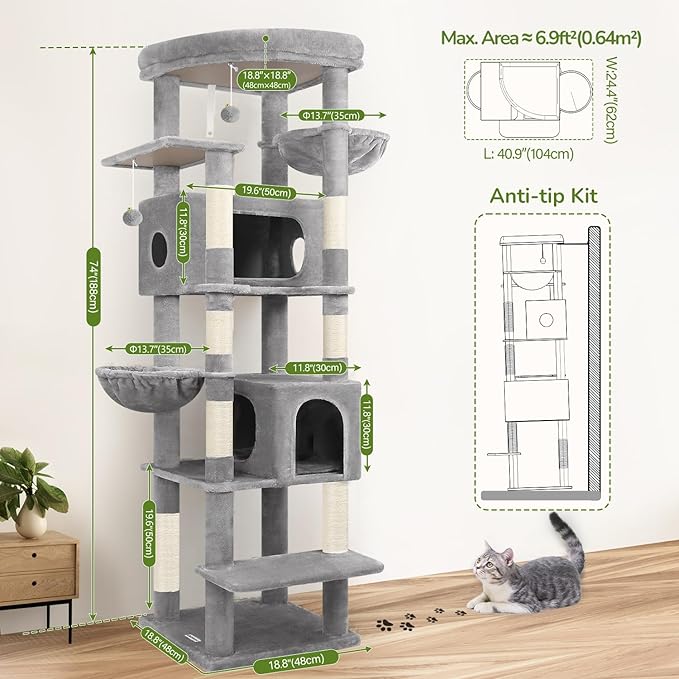 Globlazer Heavy Duty Cat Tree, 74in Tall Sturdy Cat Tower for Large Cats Adult Big Cat Tree with 7 Scratching Posts, 2 Condos with Pad, 2 Dual-Ear Hanging Baskets, Enlarged Top Perch, S74, Light Grey