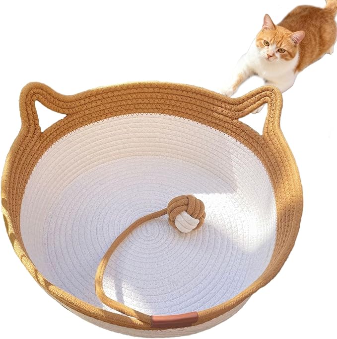 Instinct Basket, Stimuli Handwoven cat Basket Rope Cotton Eliminates Bed Rejection Round Pet Basket, Boho Catbed for Cats Handwoven Scratchable Breathable Weave (Small)