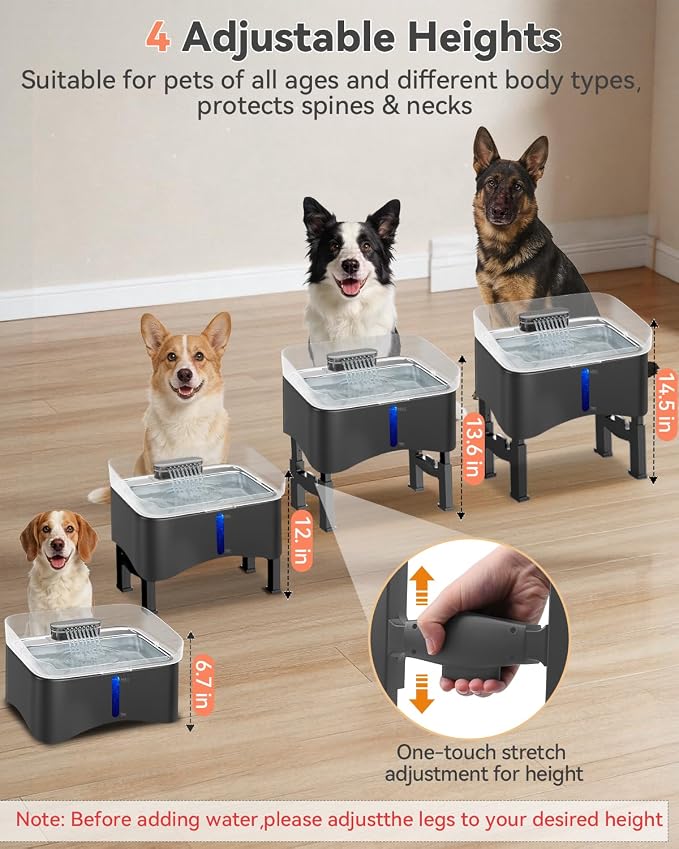 UPSKY 11L Elevated No-Spill Dog Water Fountain, 4 Heights Adjustable, 304 Stainless Steel Tray with Anti-Clog Pump & 4 Filters for Senior Dogs, All Dog Sizes & Multi-Pet Home (Grey)