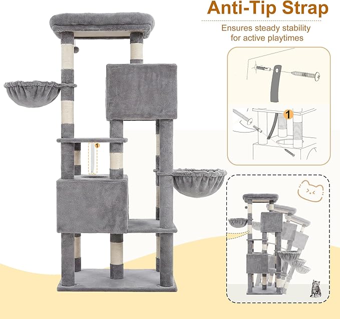 Heybly 68.1" Cat Tree with Oversized Top Platform & Wide Base, Heavy Duty Cat Tower for Large Indoor Cats with 2 Condos, 2 Hammocks, 10 Sisal Scratching Posts, Stable Cat House, Light Gray HCT059W