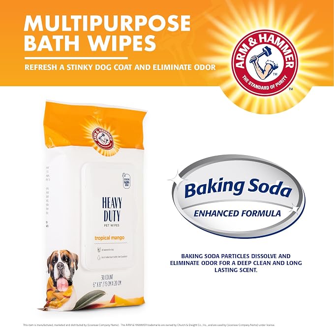Arm and Hammer for Pets Heavy Duty Multipurpose Dog Bath Wipes, Mango Scent, Travel Size - All Purpose Wipes That Remove Odor and Refresh Dog Coat Between Baths, 30 Count