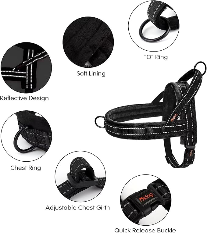 Didog Soft Flannel Padded Dog Vest Harness, No Pull/Quick Fit Reflective Dog Strap Harness, Easy for Training Walking (S:Chest 18-22", Black)
