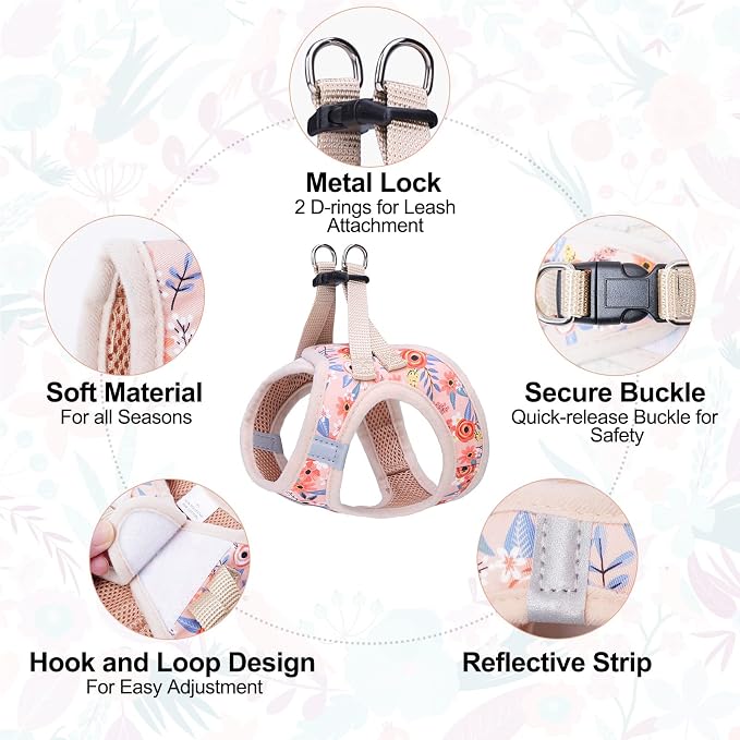 BEAUTYZOO Step in Dog Harness and Leash Set,Floral Pattern Reflective Dog Harness No Pull No Choke Puppy Harness for Small Medium Large Dogs Cats,Soft Padded Mesh Vest Harnesses for Girl and Boy Pets
