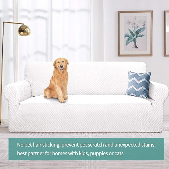 YEMYHOM Couch Cover Latest Jacquard Design High Stretch Sofa Covers for 2 Cushion Couch, Pet Dog Cat Proof Loveseat Slipcover Non Slip Magic Elastic Furniture Protector (Medium, White)