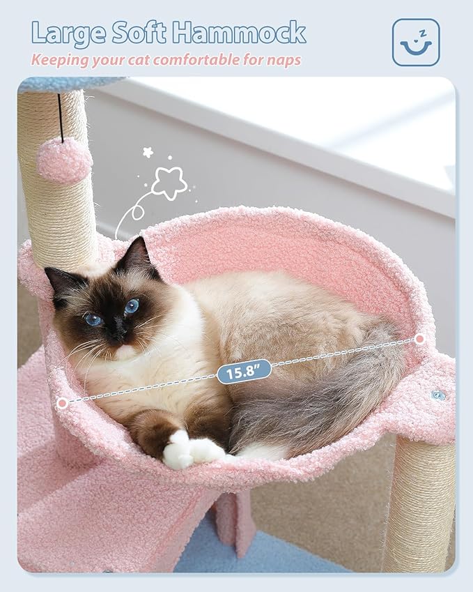 MUTTROS Flower Cat Tree with Large Metal Frame Hammock, 35" Pink Cat Tower with Sisal Scratching Posts for Small Indoor Cats, Cat Condo with Blue Top Perch for Kittens, Fluffy Ball, Pink