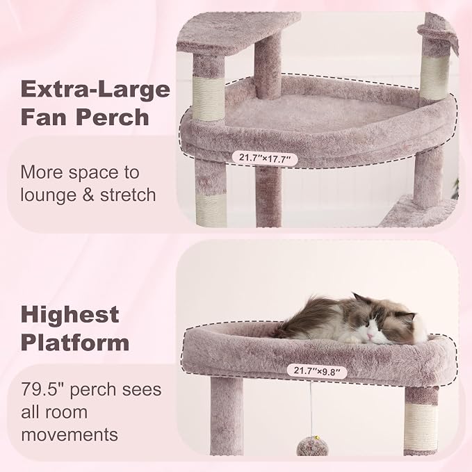 Heybly Tall Cat Tree for Large Cat, 80-inch Multi-Level Cat Tower for Indoor Cats with Large Baseboard, Condo Furniture with 2 Widened Plush Perches,Scratching Board and Big Caves, Muchroom HCT038MU