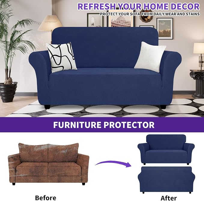 ZNSAYOTX Super Stretch Loveseat Covers (57"-70"), New Striped Love Seat Slipcover, Dogs Pet Friendly Anti-Slip Couch Protector Spandex Durable 2 Seater Fabric Sofa Cover (Navy Blue, Loveseat)